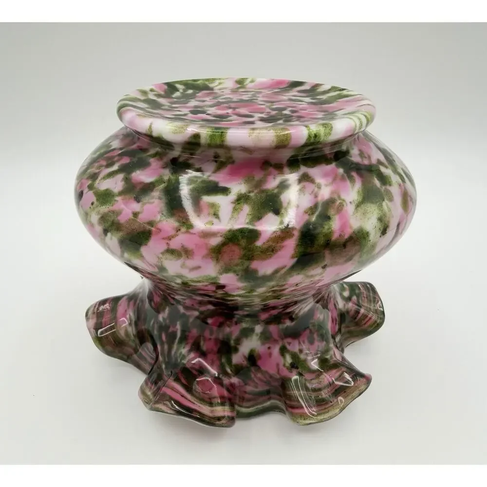 Fenton Vasa Murrhina Pink with Green Aventurine Ruffled Edge Rose Bowl Vase 4”